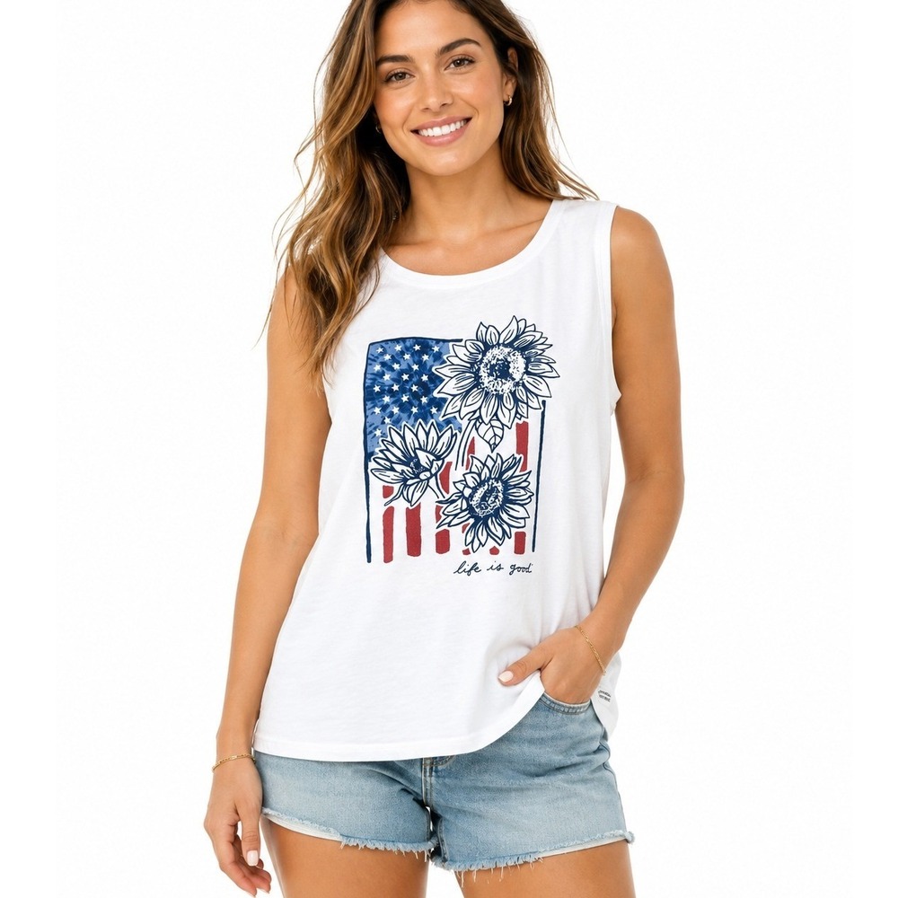 Life is Good Sunflower Flag Crusher Tank Top White Patriotic Cotton | Medium